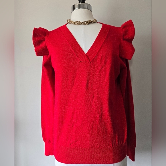 MOLLY BRACKEN NWT Red Sparkle V-Neck Sweater with Ruffle Shoulders. Size Large - Picture 1 of 13